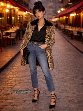 TOPSHOP Leopard Print Faux Fur Coat Mid-Length Mob Wife Style Women Size: 8